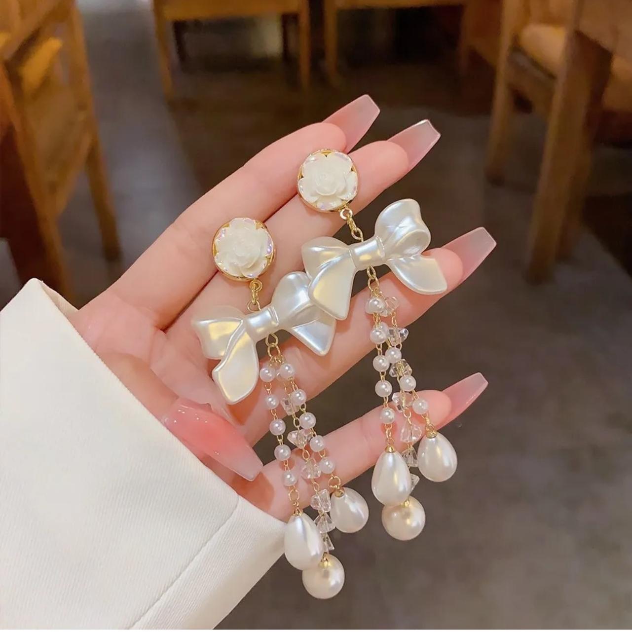 Bow-Knot Pearl Crystal Tassel long Earrings - KE133