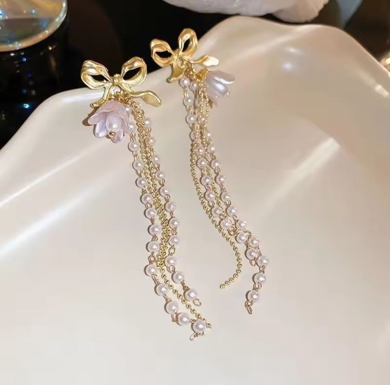 Bow-Knot Orchid Long Earrings - KE135