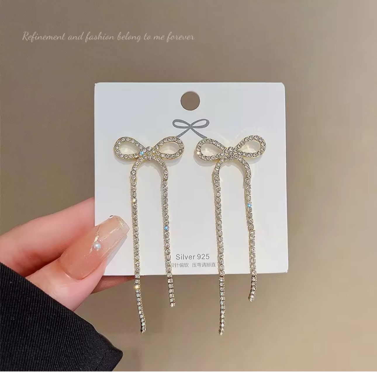 Rhinestones Bow Long Earrings - KE136