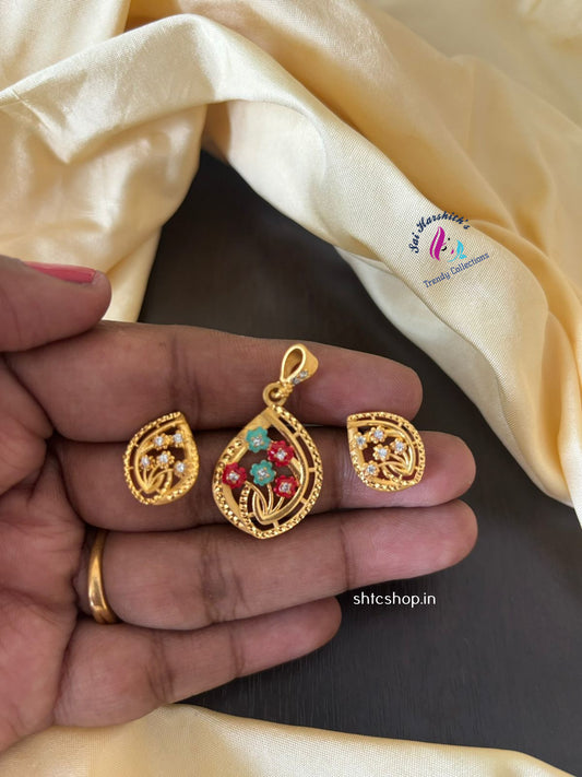 1gm Gold Polished Pendant with Earrings - SHTC1372