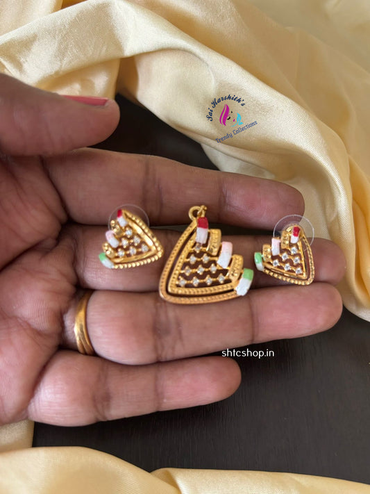 1gm Gold Polished Pendant with Earrings - SHTC1373