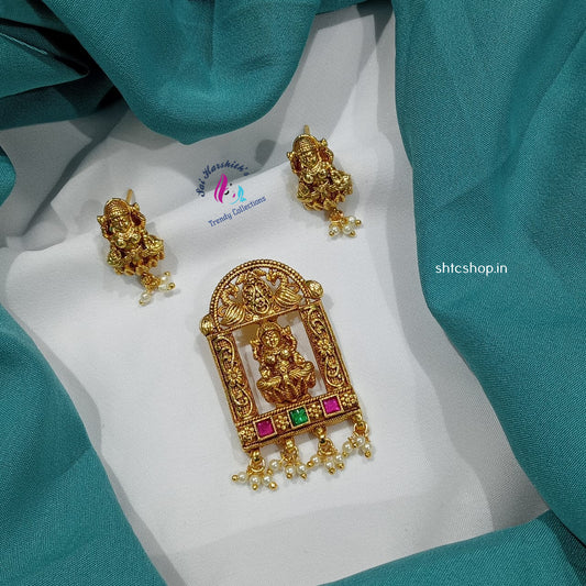 Kempu Stone Mahalakshmi Pendant with Earrings - SHTC1401