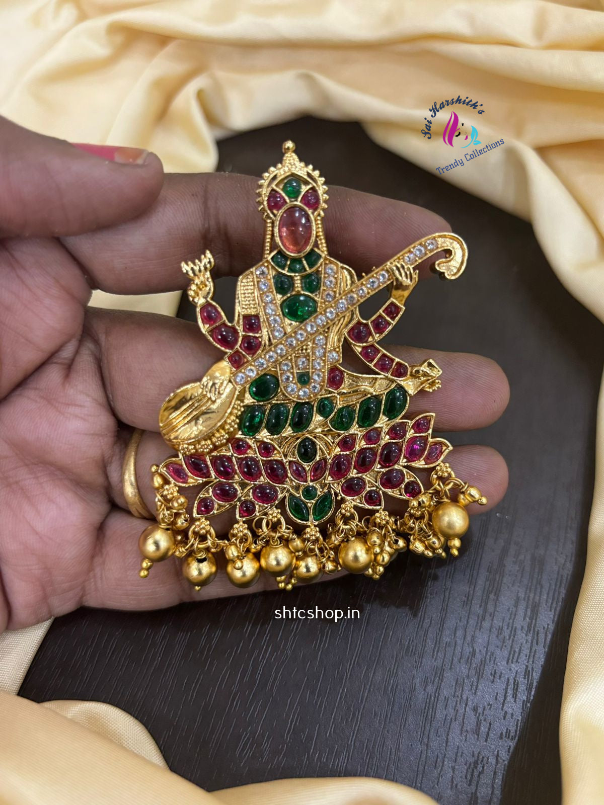 Kempu Stone Goddess Saraswathi Pendent with Golden Beads - SHTC1403 - Sai Harshith's Trendy Collections