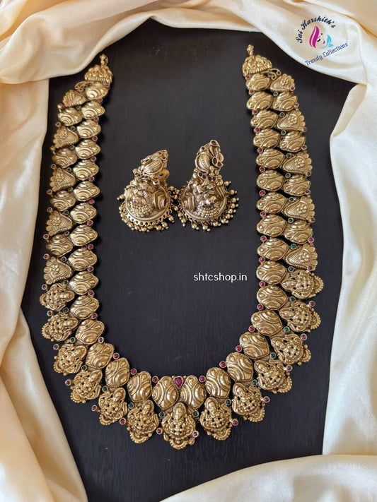 Temple Finish Long Haram Statement Jewelry Set with Kempu Stones - SHTC1413
