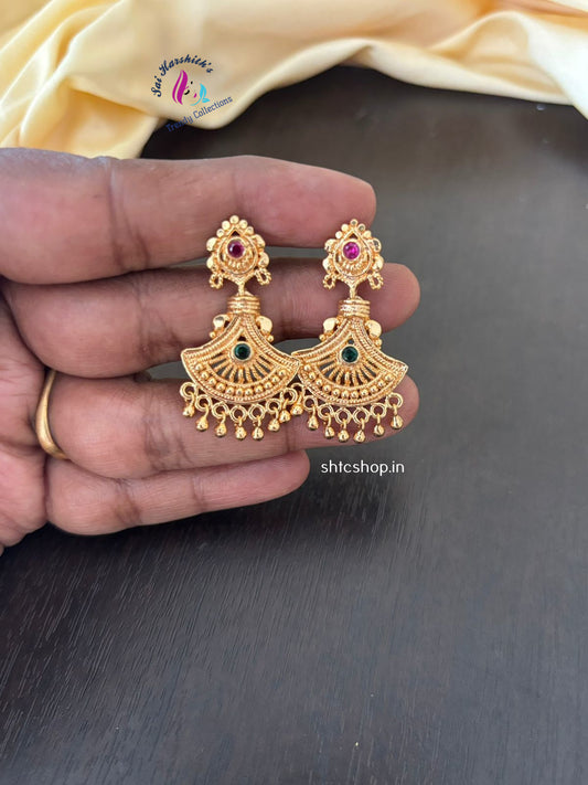 1 gm Gold Polished Impon Earrings with Golden Beads and Back Screw - SHTC1416