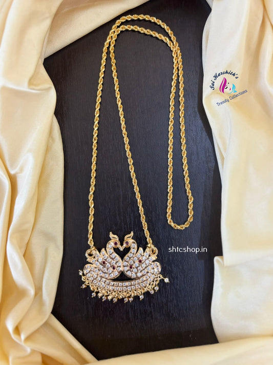 30 Inches Impon Dollar / Pendant Chain with AD Stones (Annam / Swan Design- Pink & White) - SHTC1430