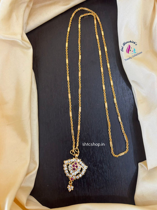 30 Inches Impon Dollar / Pendant Chain with AD Stones (Pink & White) - SHTC1431