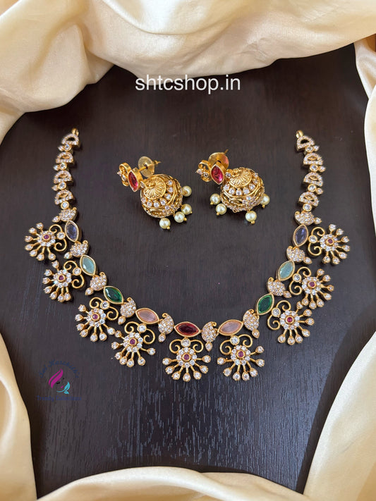 New Trendy Matte Finish Navarathna Jewellery Set - SHTC1484