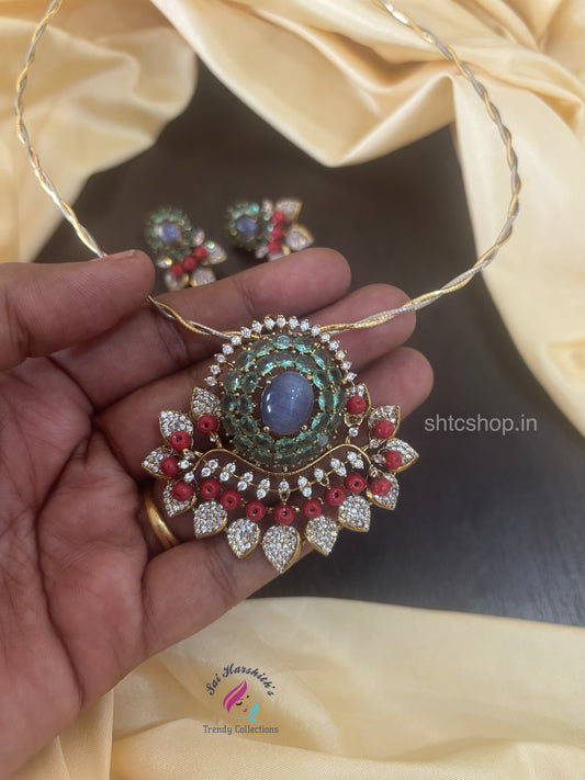 Diamond Replica design statement Necklace with Coral and Semi precious Beads - SHTC1494