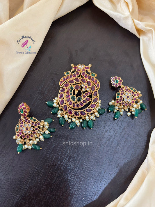 Kempu Stone Pendant with Earrings - SHTC1501