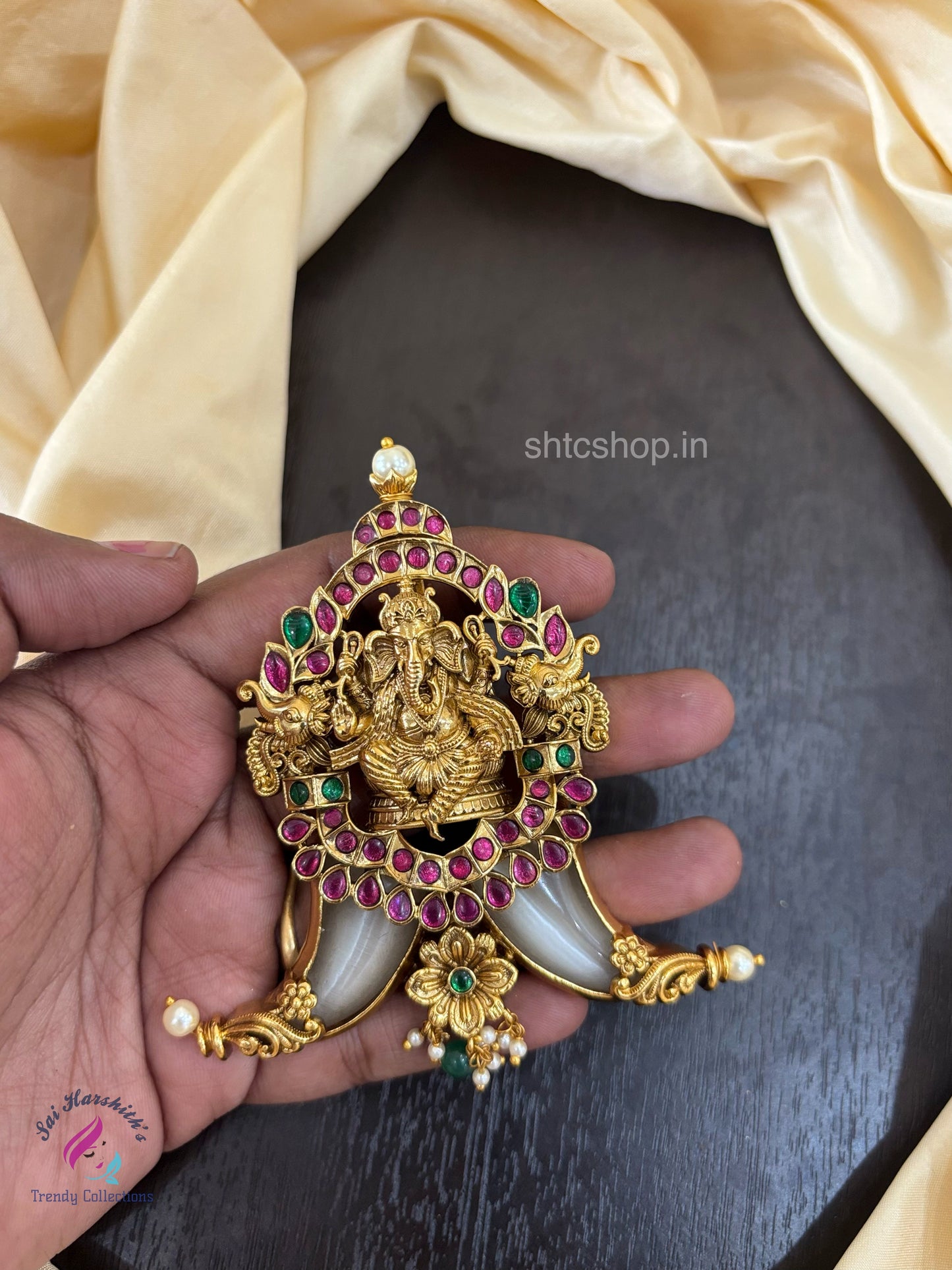 Statement Pendant with Ganesha made with Kempu and Semiprecious Stones - SHTC1502