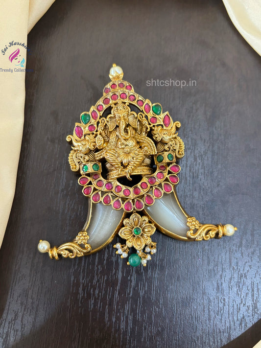 Statement Pendant with Ganesha made with Kempu and Semiprecious Stones - SHTC1502