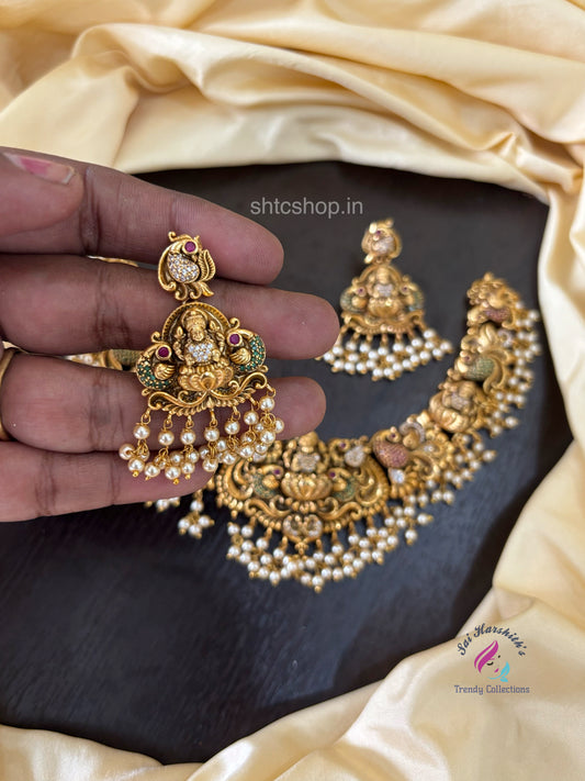 Temple Finish trendy Statement Necklace with AD Stones and Beads - SHTC1506