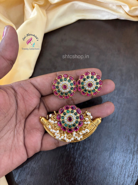 No Image Kempu Stone Pendant with Earrings - SHTC1509