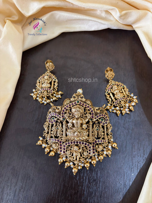 Temple Finish kempu Stone Lakshmi Pendant with Earrings - SHTC1510