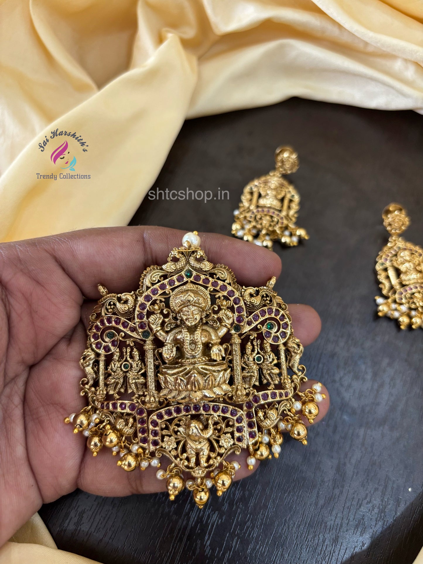 Temple Finish kempu Stone Lakshmi Pendant with Earrings - SHTC1510