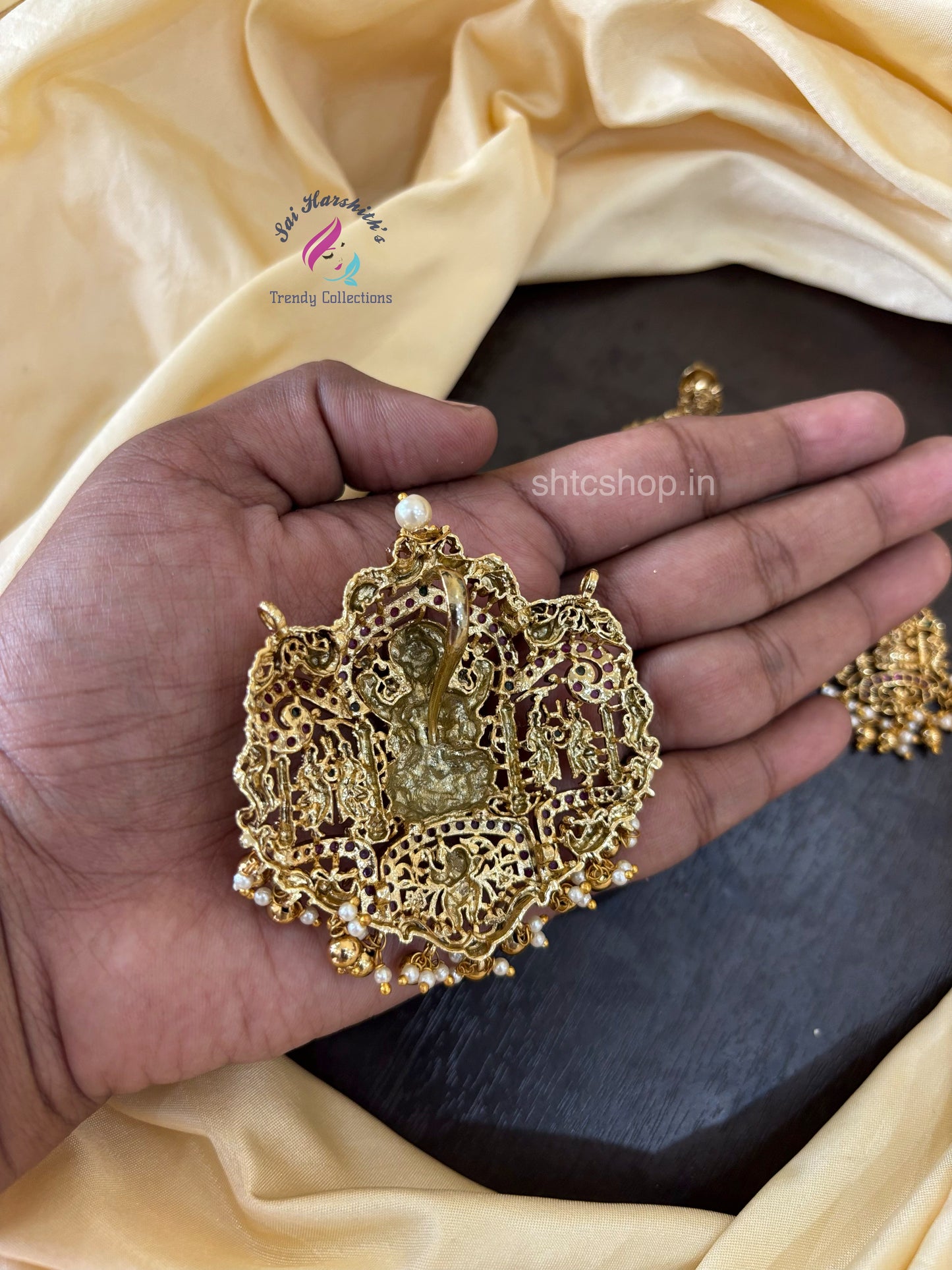 Temple Finish kempu Stone Lakshmi Pendant with Earrings - SHTC1510