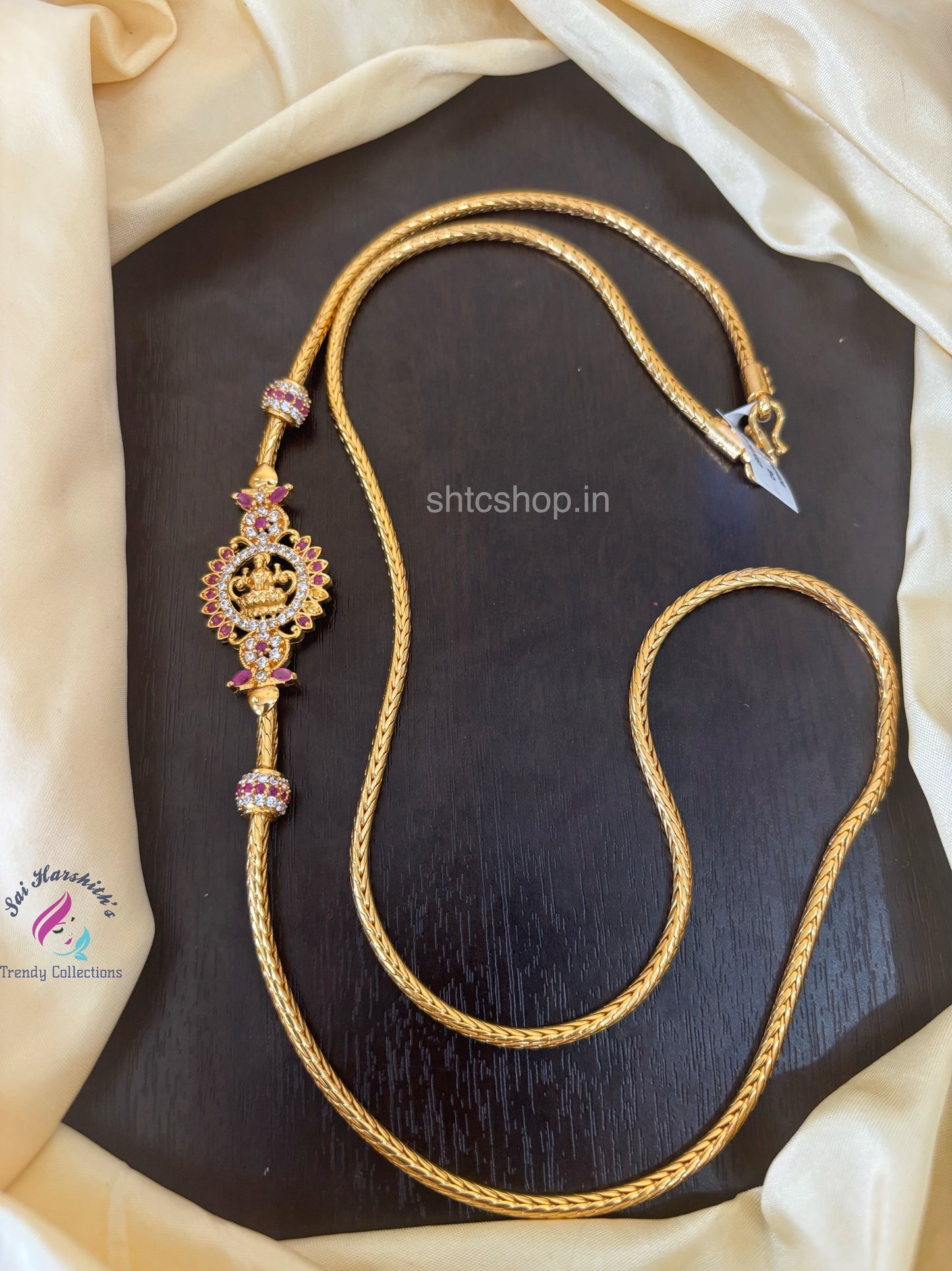 30 Inches 1 gm Mugappu Chain with Goddess Lakshmi & AD Stones (Pink & White)- SHTC1536