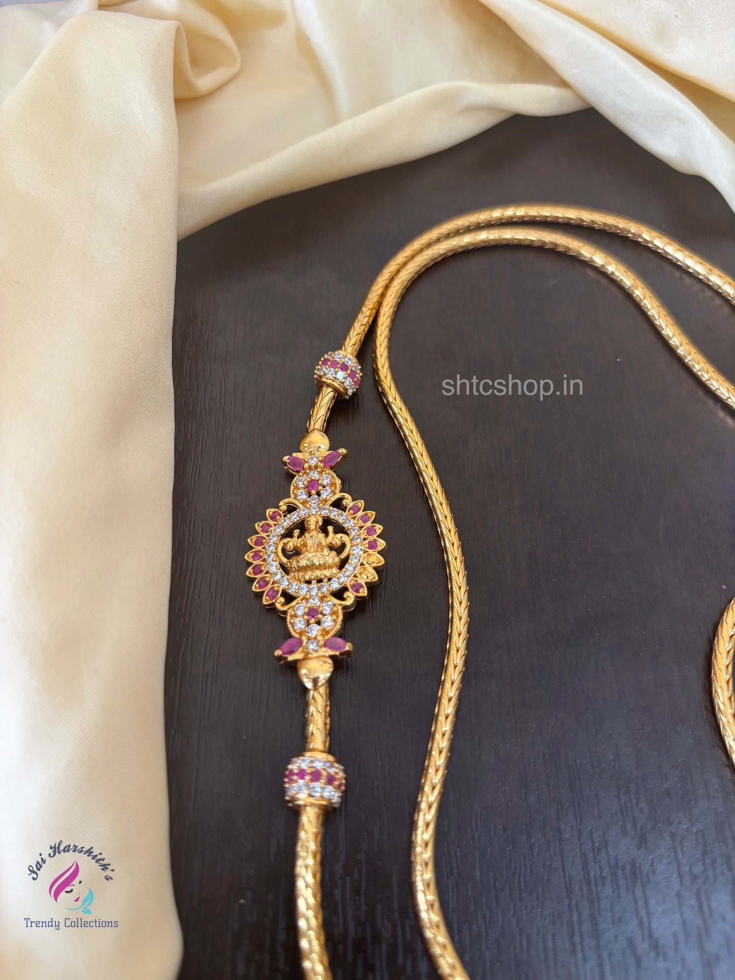 30 Inches 1 gm Mugappu Chain with Goddess Lakshmi & AD Stones (Pink & White)- SHTC1536