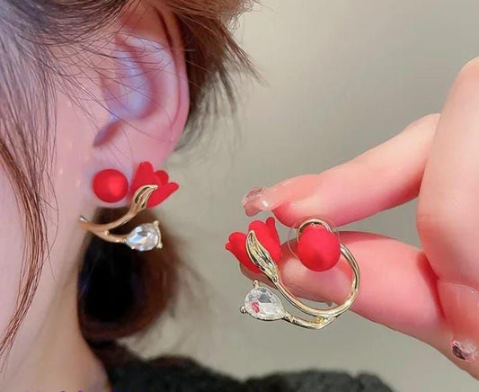 Red Tulip Flower Earrings - KE158