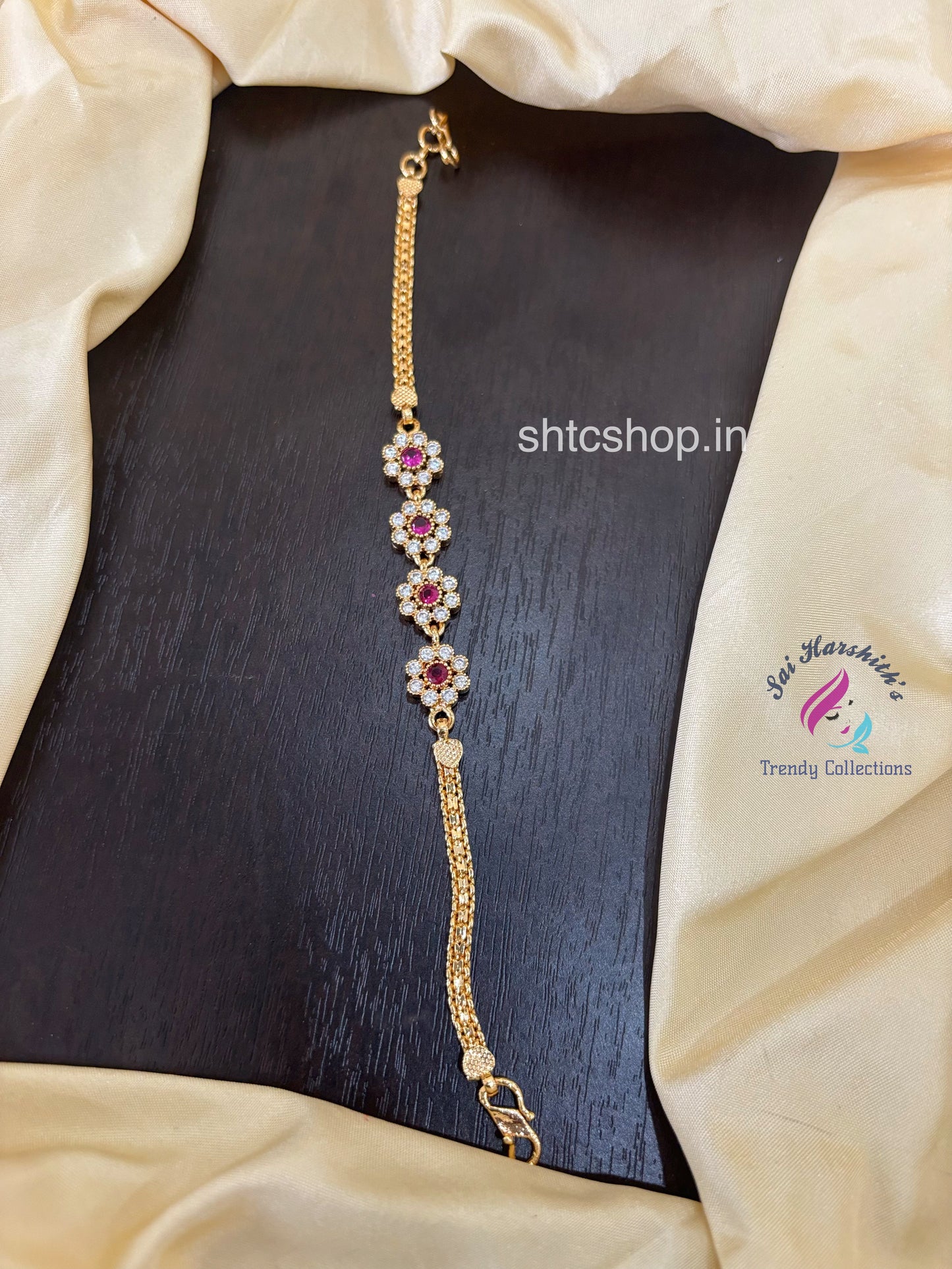 Impon / five Metal Bracelets with AD Stones (White & Pink)- SHTC1580