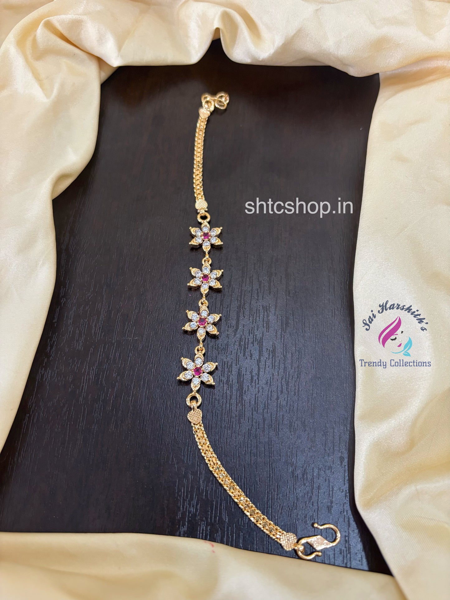 Impon / five Metal Bracelets with AD Stones (White & Pink)- SHTC1581