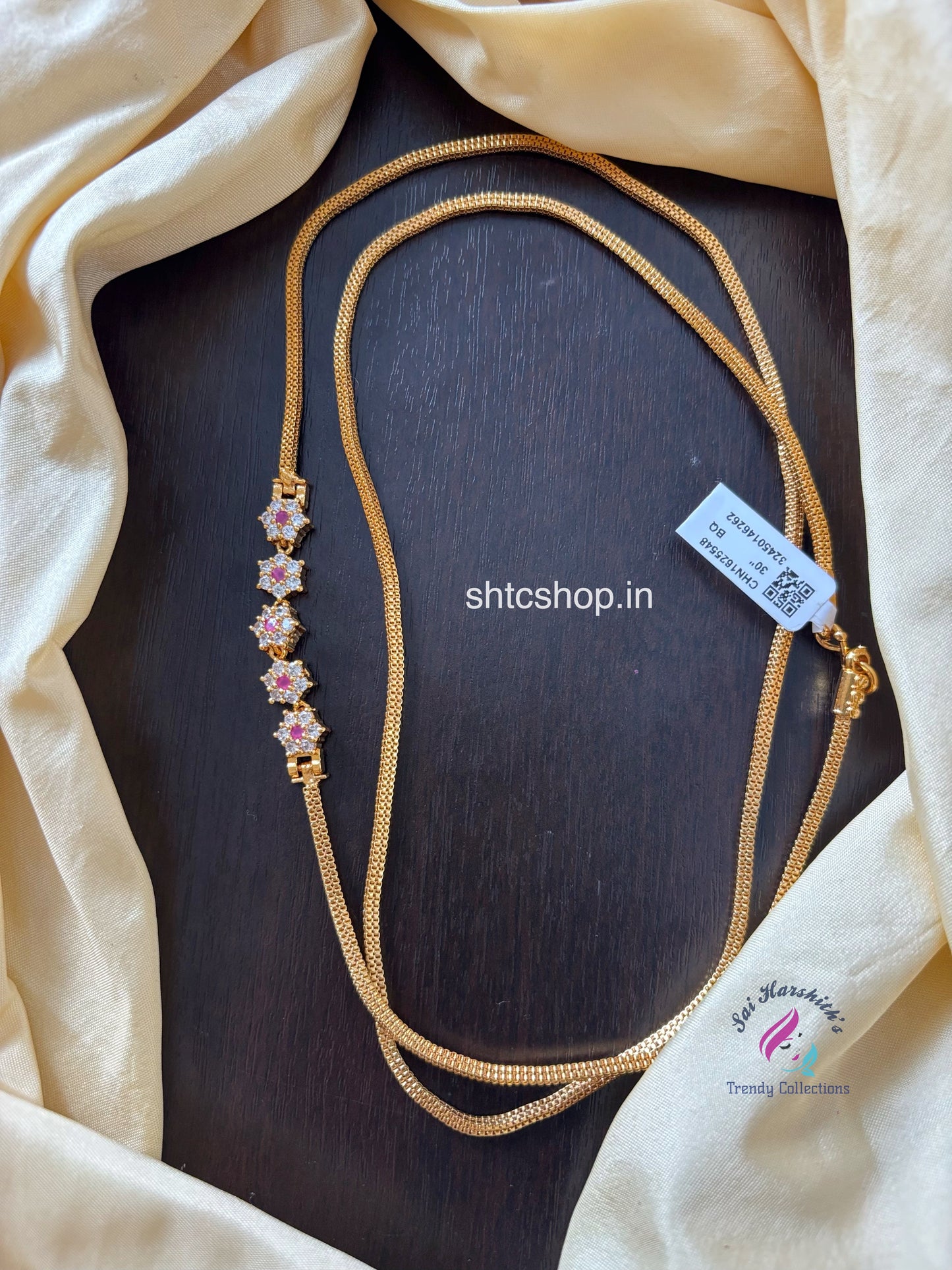 30 Inches 1 Gm Gold Polished 5 Star Mugappu Chain (Pink & White) - SHTC1603