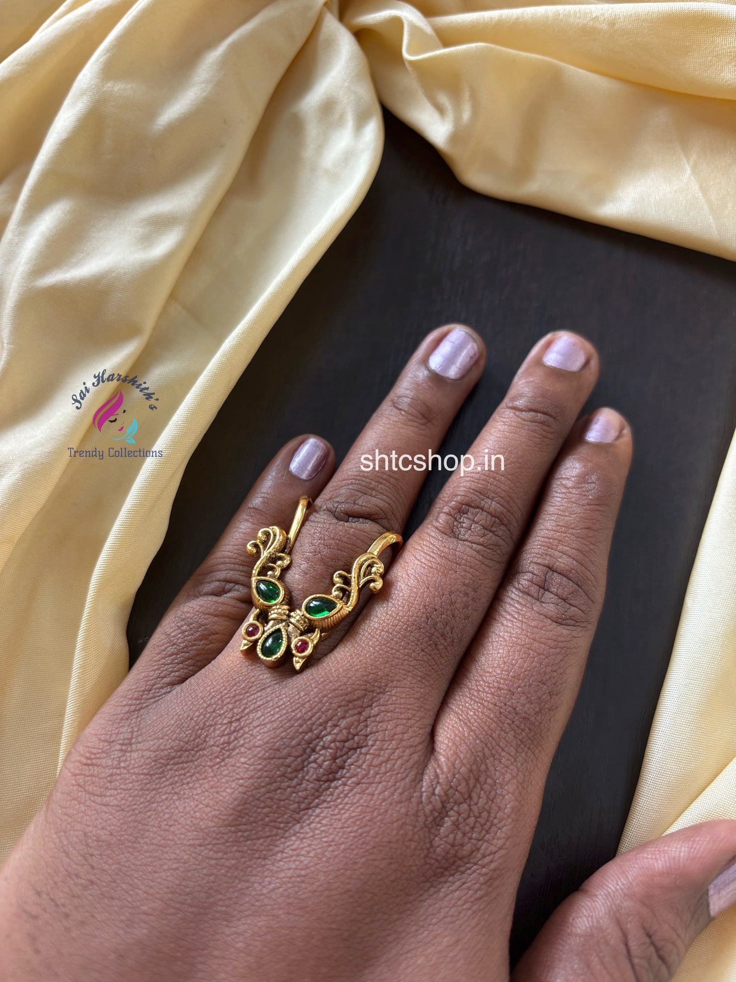Matte Finish Statement Vangi Rings with Kempu Stones (Green) - SHTC1621