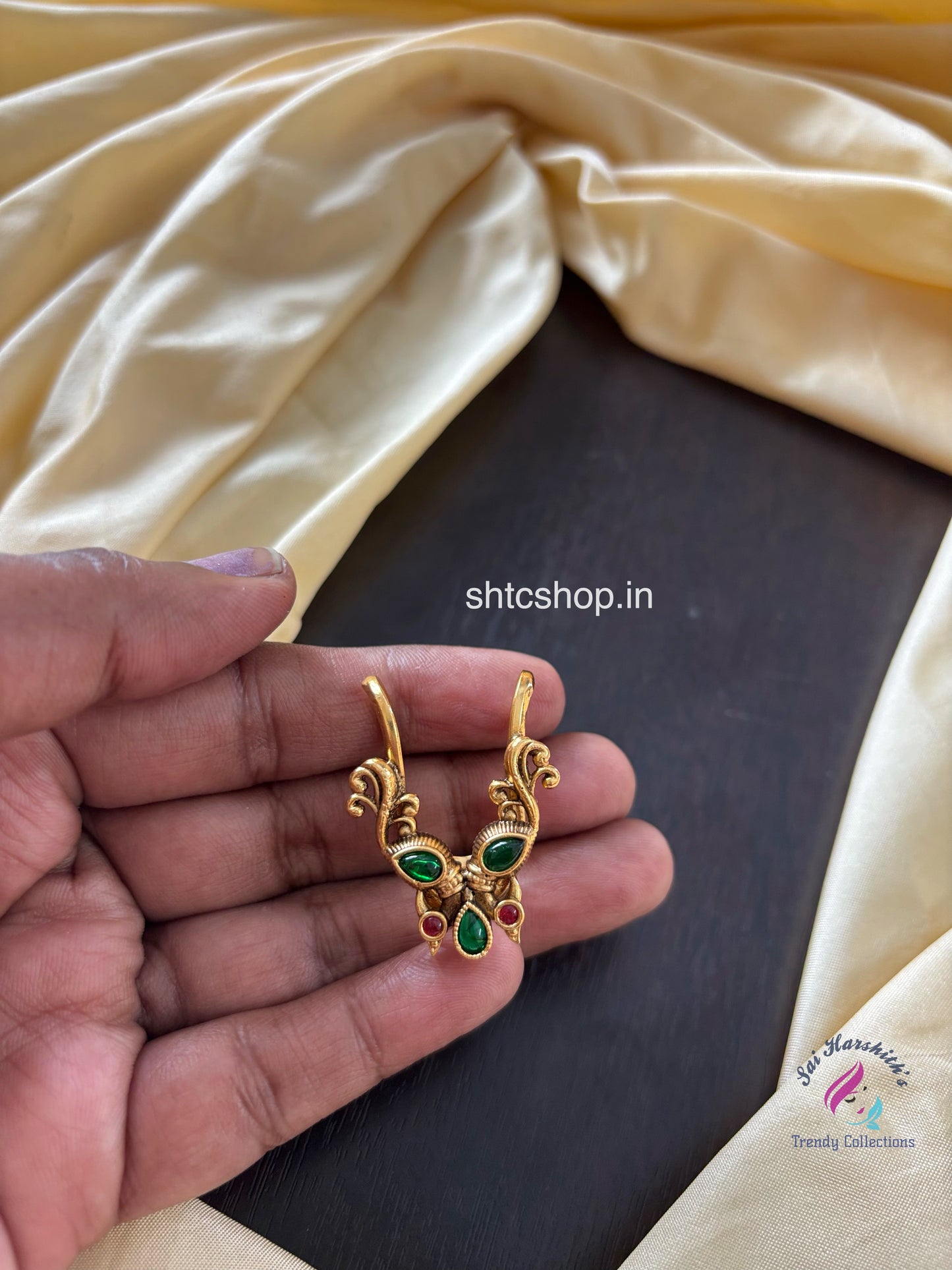 Matte Finish Statement Vangi Rings with Kempu Stones (Green) - SHTC1621