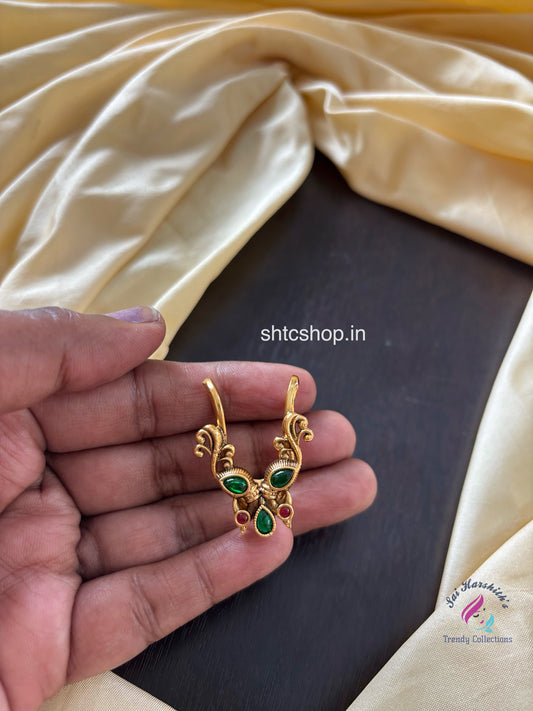 Matte Finish Statement Vangi Rings with Kempu Stones (Green) - SHTC1621