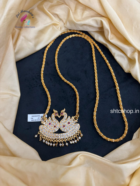 30 Inches Impon Dollar / Pendant Chain with AD Stones (Annam / Swan Design- Pink & White) - SHTC1649