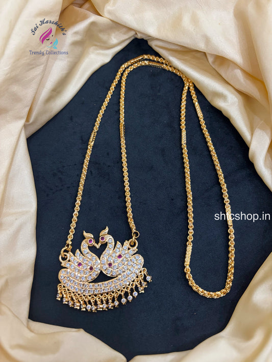 30 Inches Impon Dollar / Pendant Chain with AD Stones (Annam / Swan Design- Pink & White) - SHTC1650
