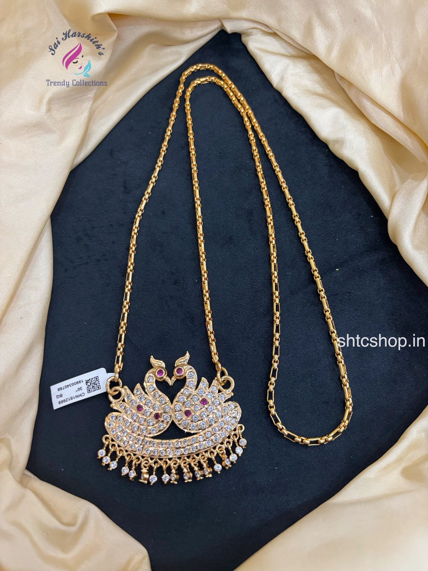30 Inches Impon Dollar / Pendant Chain with AD Stones (Annam / Swan Design- Pink & White) - SHTC1651