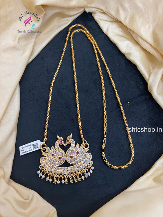 30 Inches Impon Dollar / Pendant Chain with AD Stones (Annam / Swan Design- Pink & White) - SHTC1651