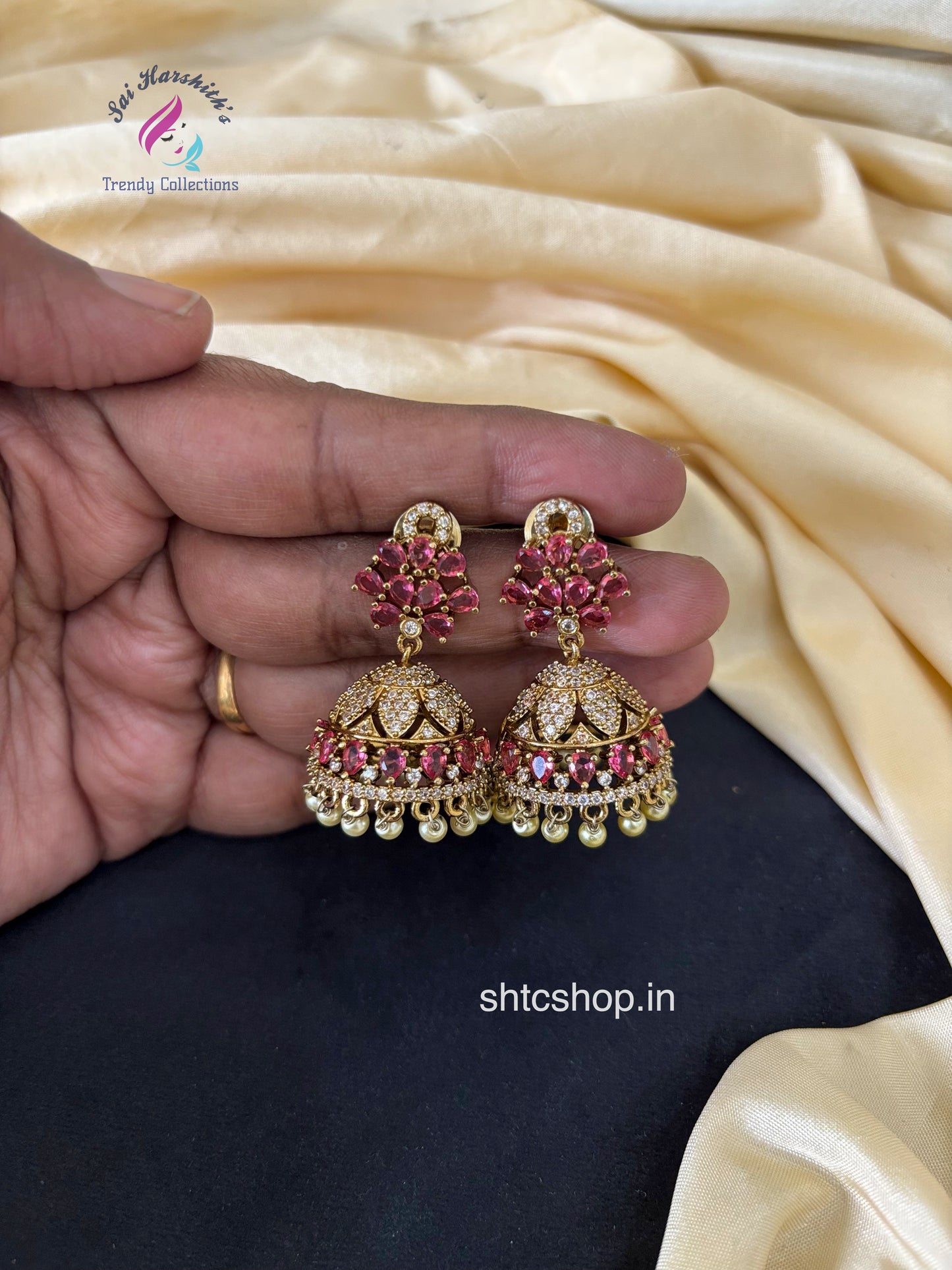 Victorian Finish Diamond look alike Jumkas in 5 Vibrant Colours - SHTC1655