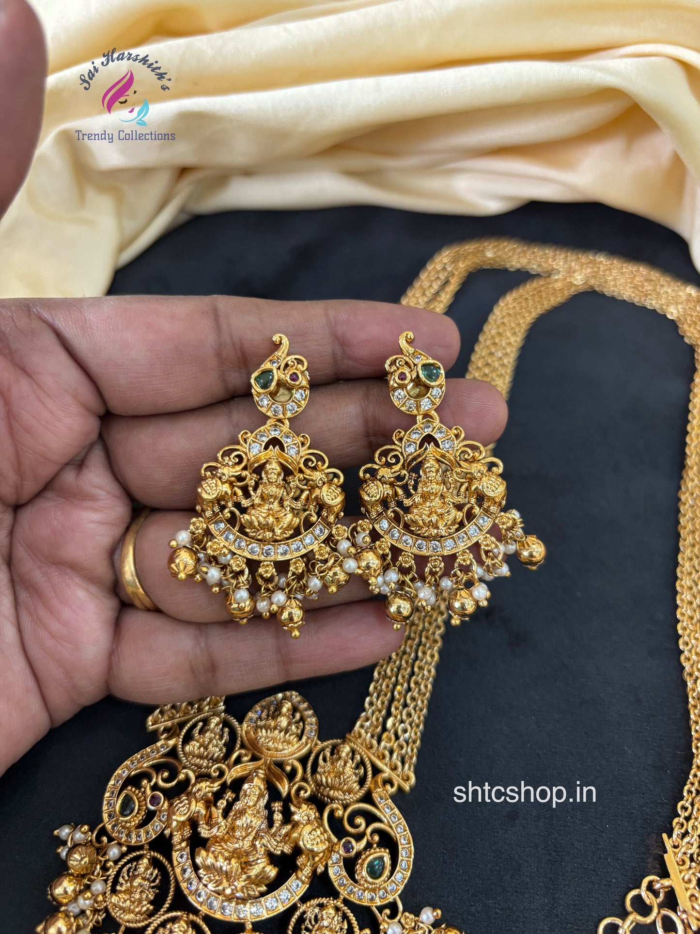 30 inches long 5 layer Temple Finish Long harram with Earrings - SHTC1656
