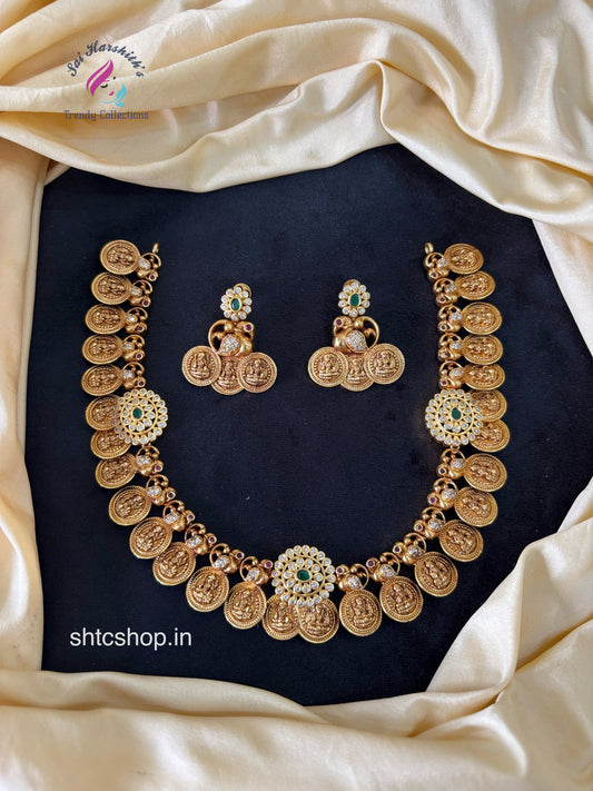 Premium Quality Temple Finish Coin Necklace with Goddess Lakshmi - SHTC1658