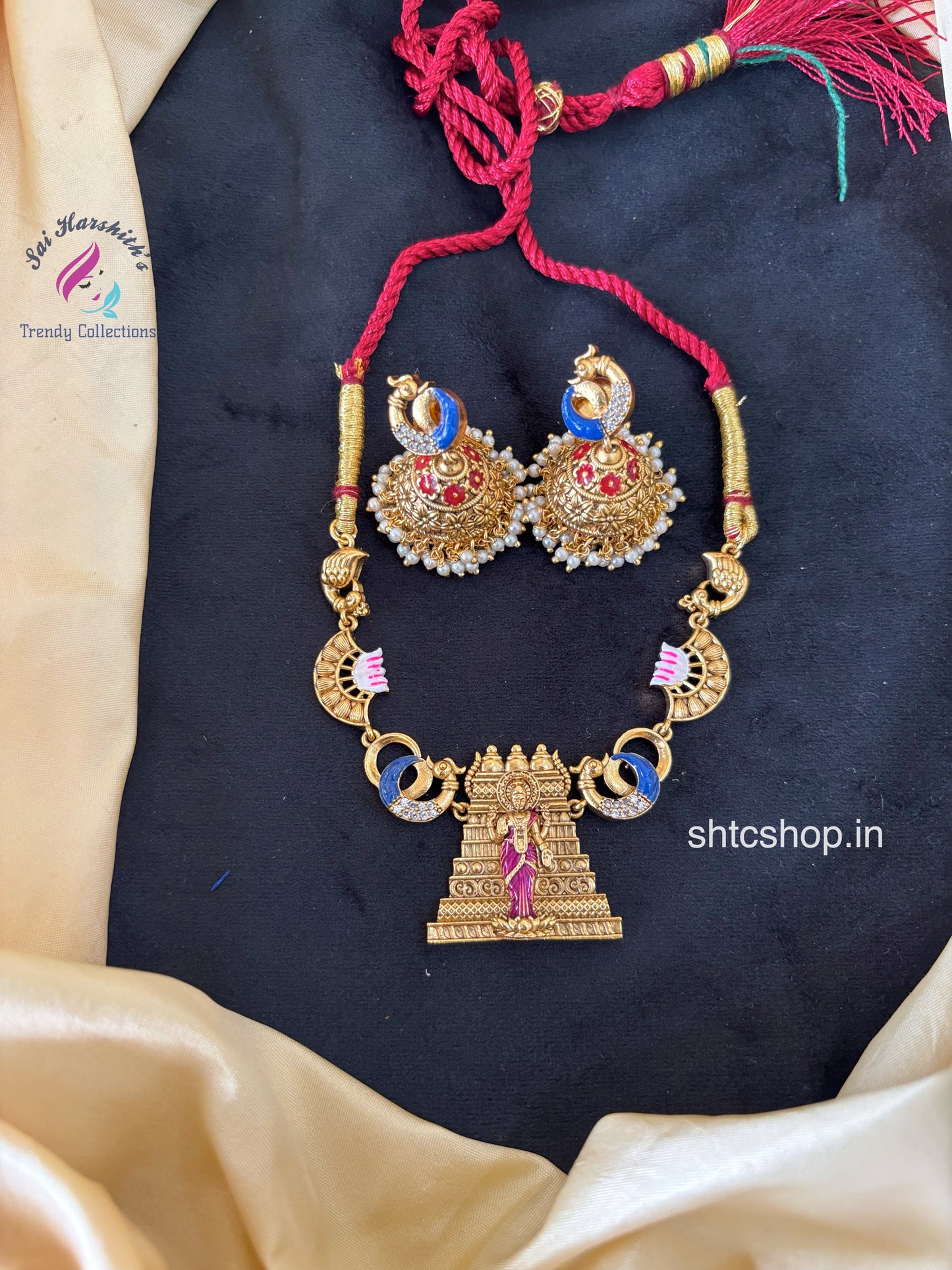 Temple Finish Unique  Goddess Lakshmi Statement Necklace with Temple Gopuram - SHTC1661