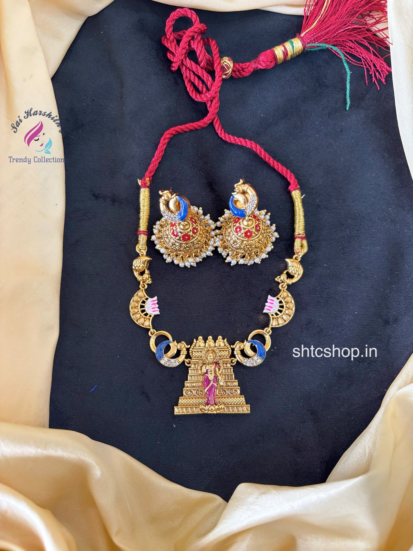 Temple Finish Unique  Goddess Lakshmi Statement Necklace with Temple Gopuram - SHTC1661