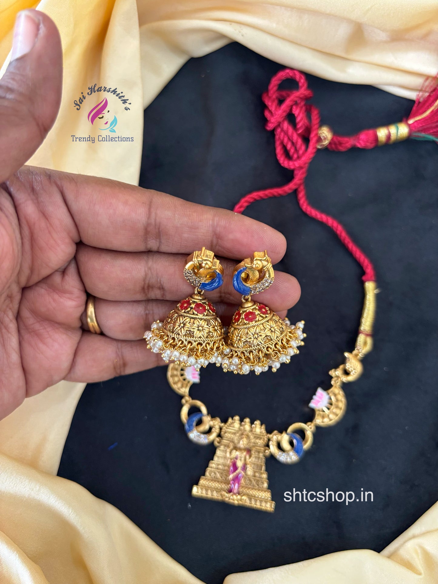 Temple Finish Unique  Goddess Lakshmi Statement Necklace with Temple Gopuram - SHTC1661