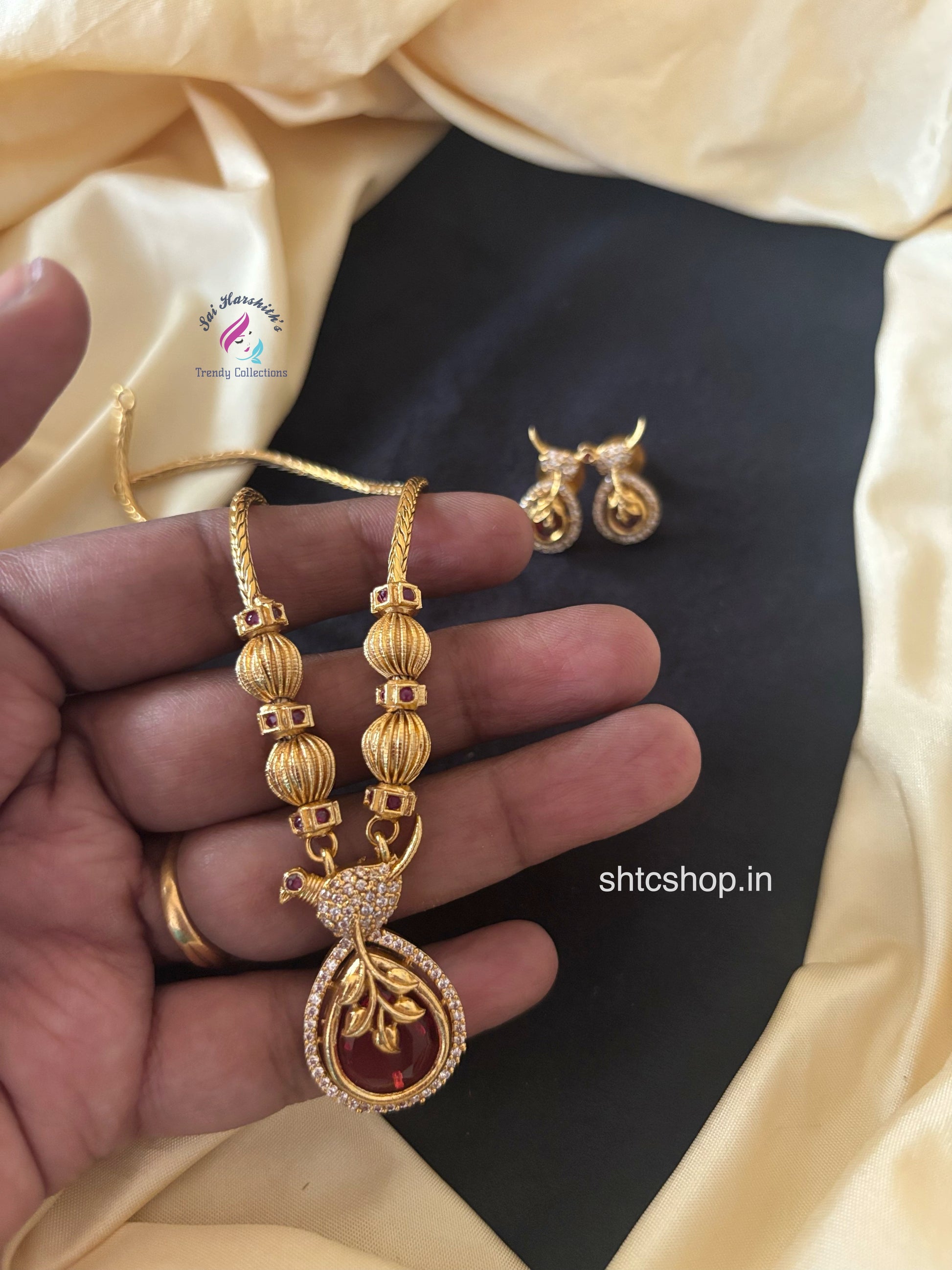 Matte Finish Cute Gooseberry with Sparrow Necklace set - SHTC1669