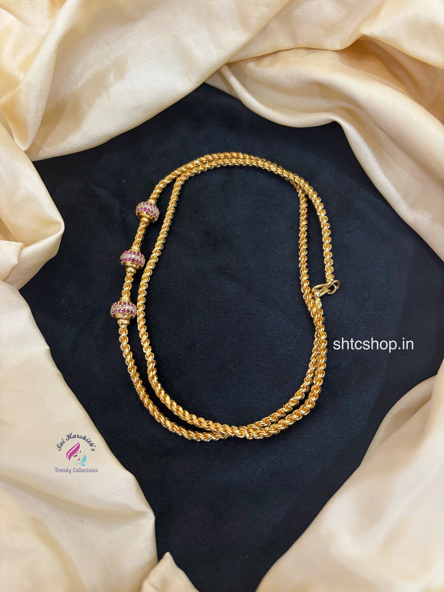 Cz 1gm gold Polished 24 inches Mugappu Chain (White and Pink) - SHTC1673