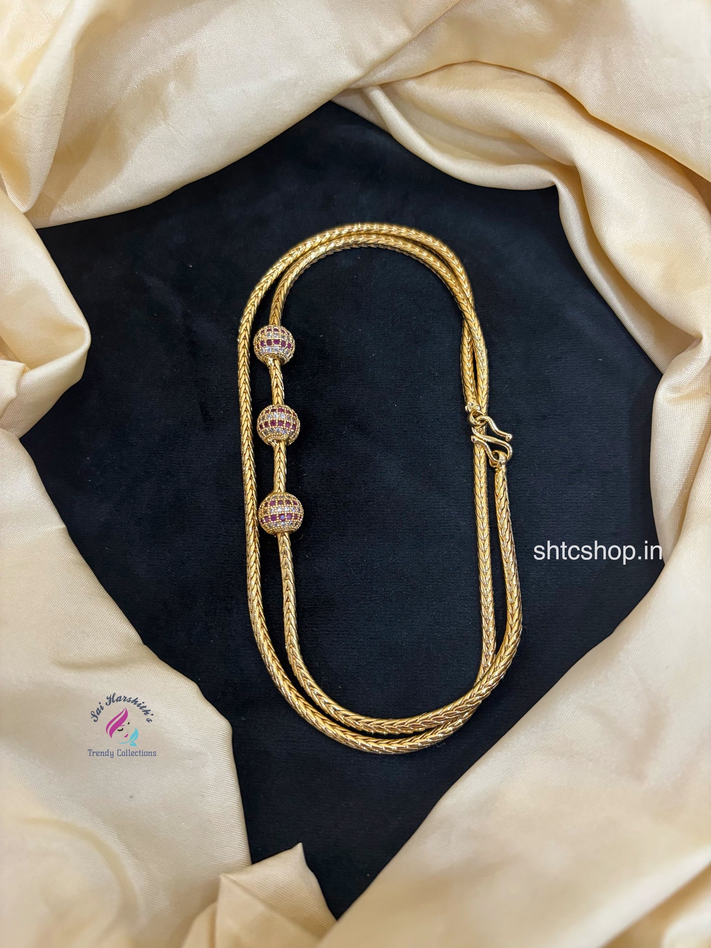 1gm gold Polished 24 inches Mugappu Chain (Pink & White) - SHTC1676