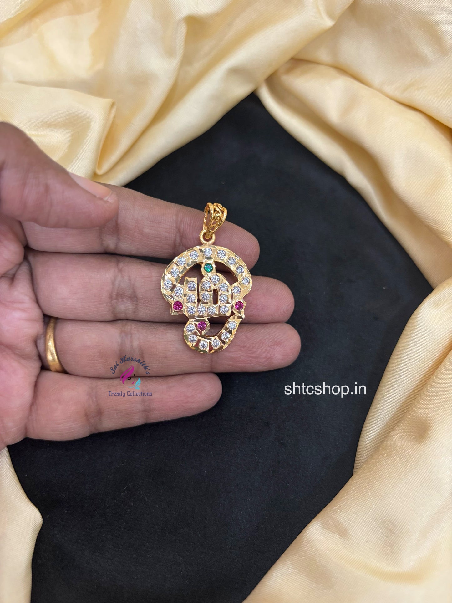 Impon / Five Metal Om Pendant with AD (Multicolor) Stones - SHTC1680