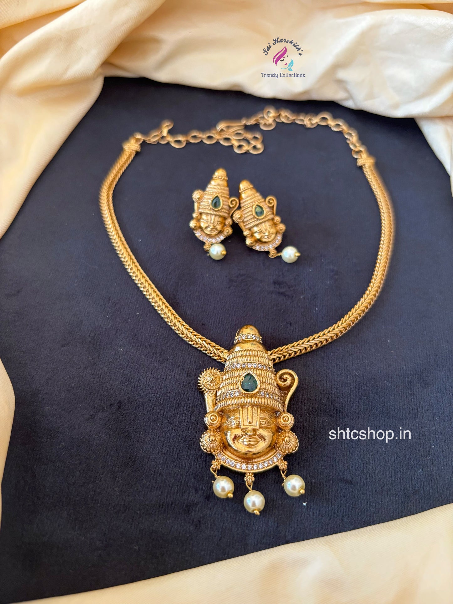 Matte Finish Necklace with Venkatesha (Green) - SHTC1688