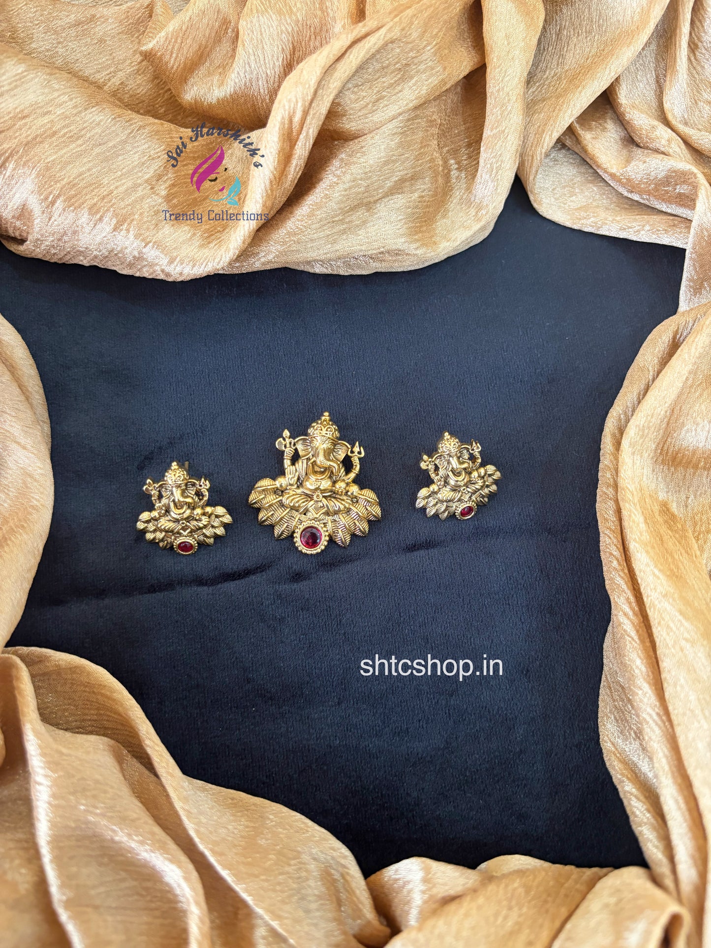 Matte Finish Ganesha Pendant with Earrings - SHTC1700