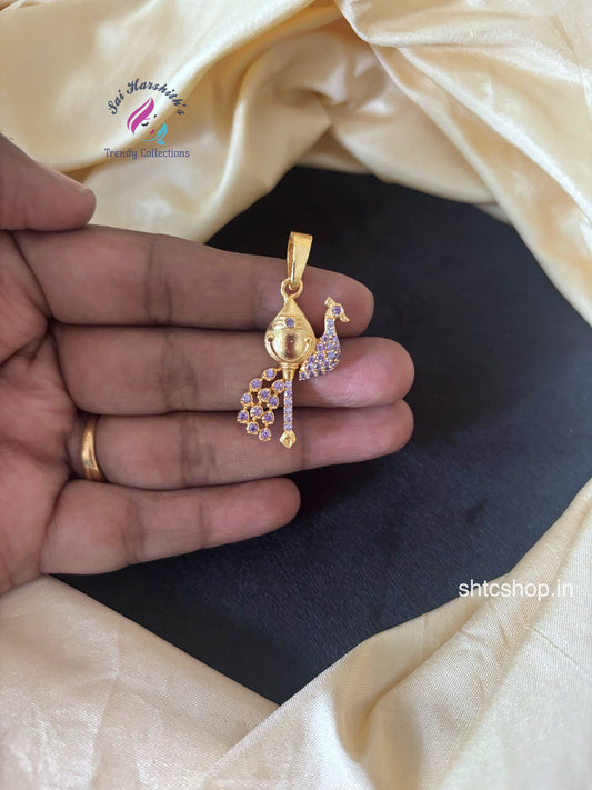 1 gm Gold Polished Pendant with Vel and Peacock (Purple Stones) - SHTC1718