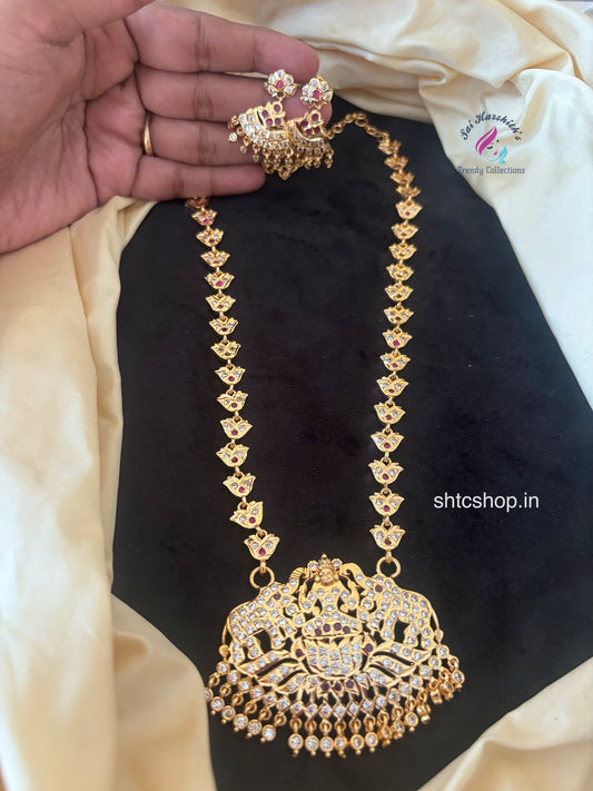 Five metal Traditional AD Stone Haram with Earrings (Back screw) - SHTC1745