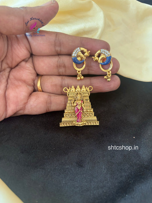 Matte Finish Lakshmi with Temple Gopuram Pendant with Earrings - SHTC1760