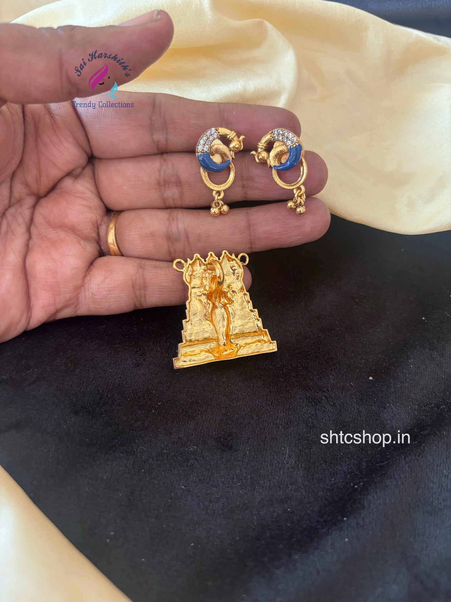 Matte Finish Lakshmi with Temple Gopuram Pendant with Earrings - SHTC1760